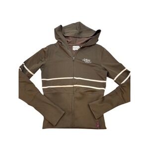 Y2K Roxy Women Medium Vintage Full Zip Hoodie Brown Striped Thumbhole Sweatshirt